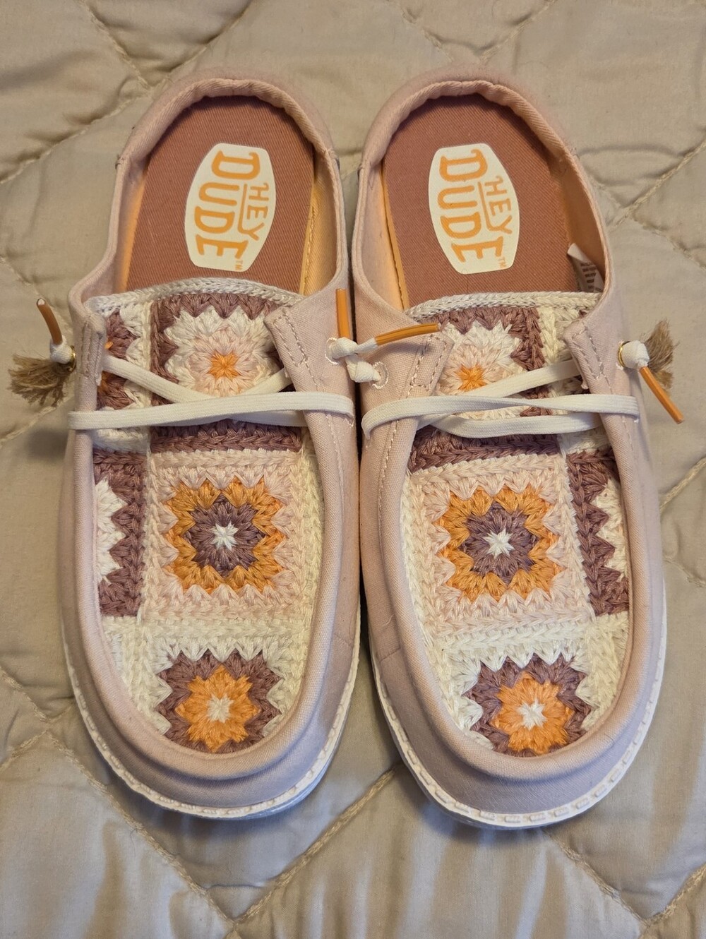 Hey Dude Wendy Women’s Pink Crochet Slip-Ons with Yellow & Cream Accents